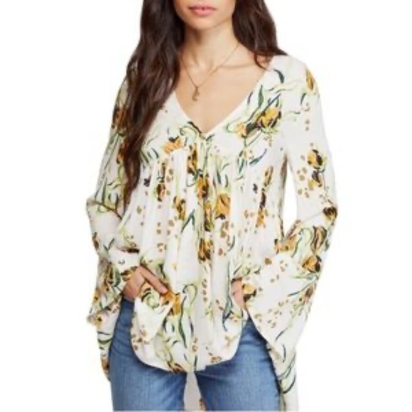 Free People | Ivory Floral V-Neck Bella Long Sleeve Swing Tunic Top or Dress - Picture 2 of 11